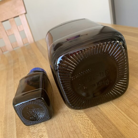 Two  Glass Square Amber Bottles w/ Cap - Picture 2 of 3